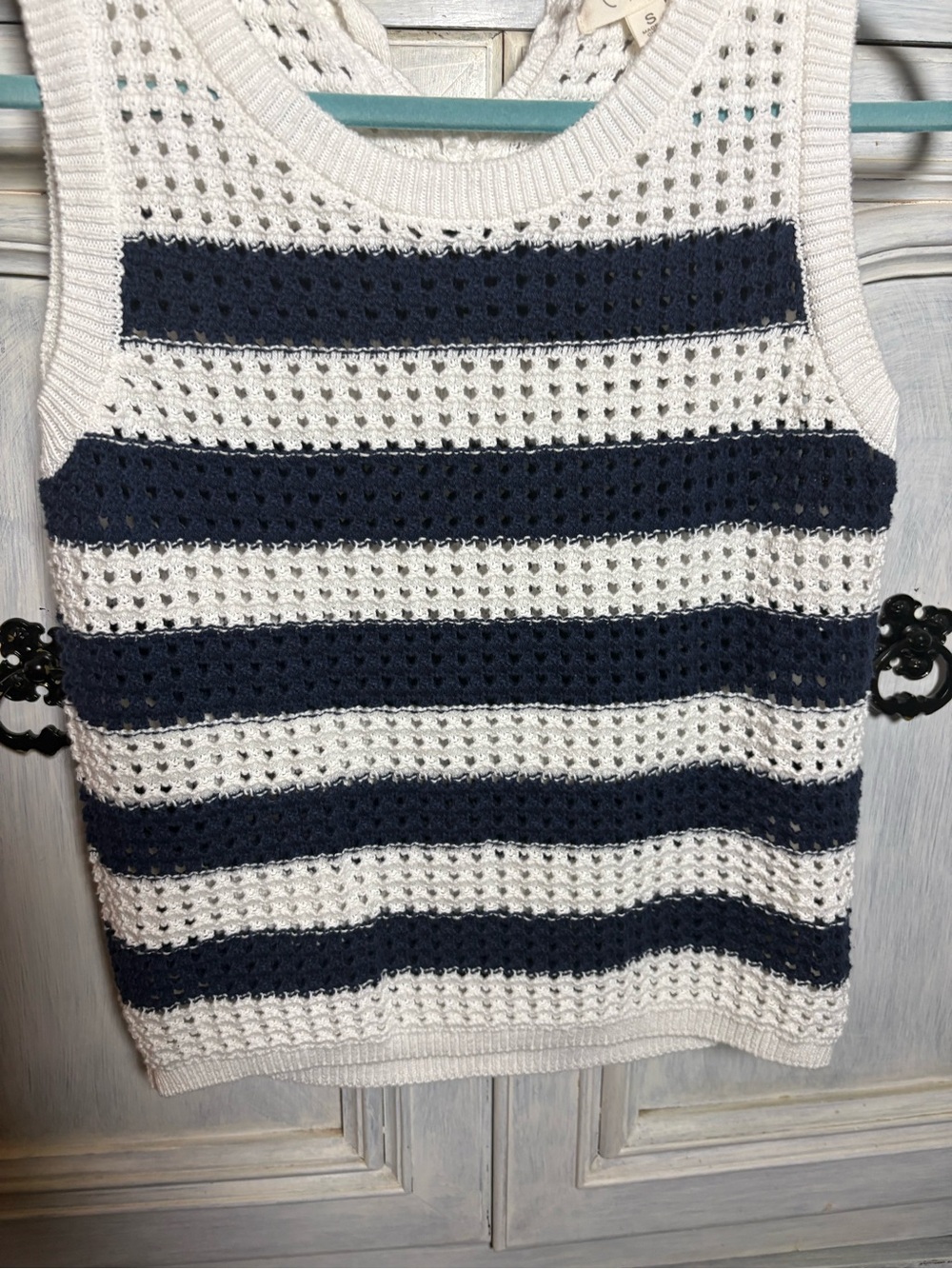 Navy White Stripe Open Knit Sweater Tank Coastal Preppy Beach Resort Nautical - Picture 4 of 7